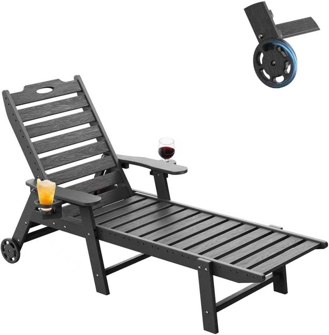 Carauci Lounge Chair Outdoor, HDPE Chaise Lounge with Wheels, 5-Position Adjustable Backrest & 2 Cup Holders Patio Lounge Chair, All-Weather Pool Sun Lounger for Poolside, Backyard, Black, 1 PC