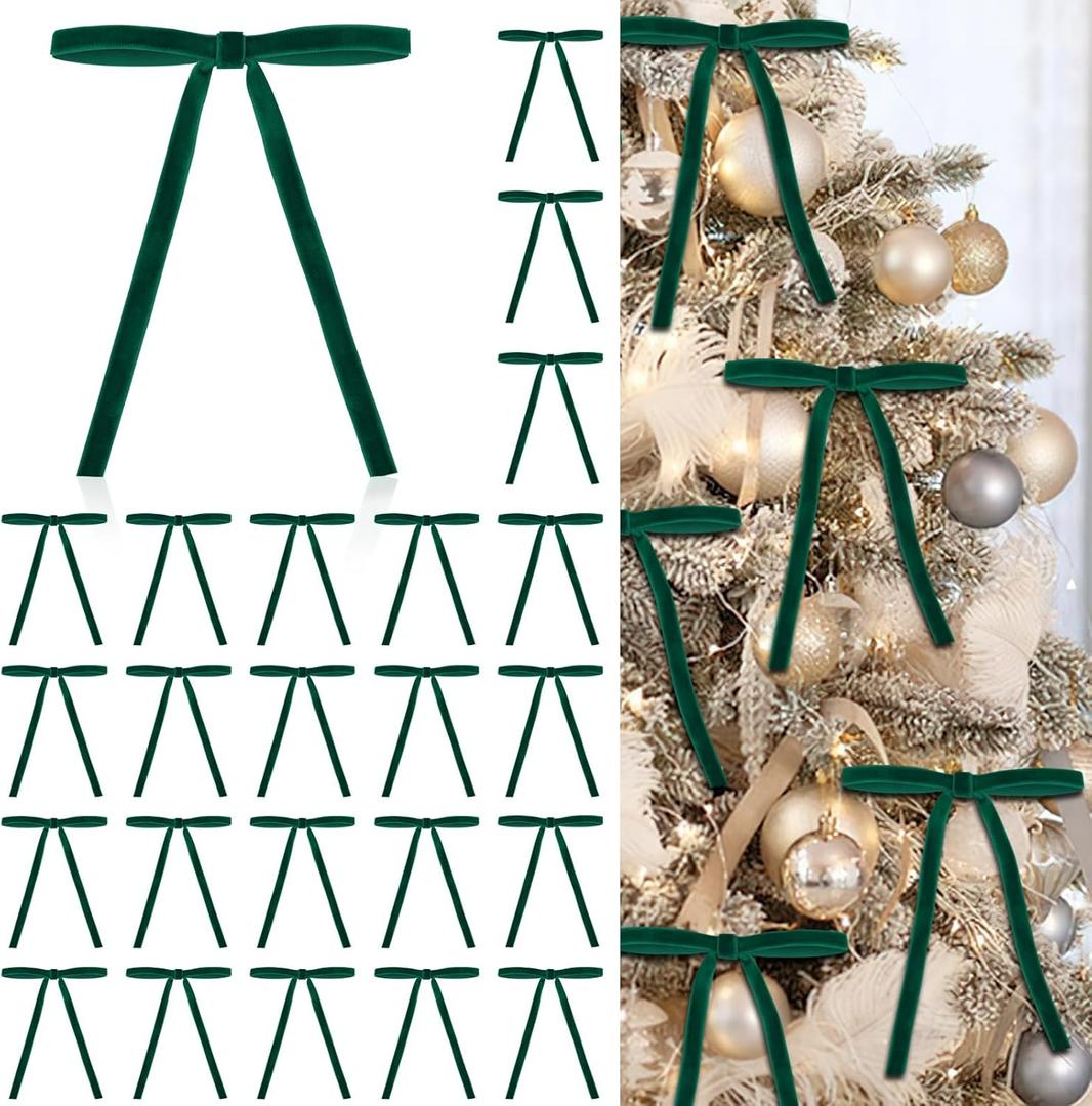 24 Pcs Green Velvet Bows for Christmas Tree, Elegant Dark Green Velvet Christmas Ornaments, 5x7 Inch Pre-Tied Ribbon Bows for Wreaths, Gifts & Holiday Dcor (3/8")