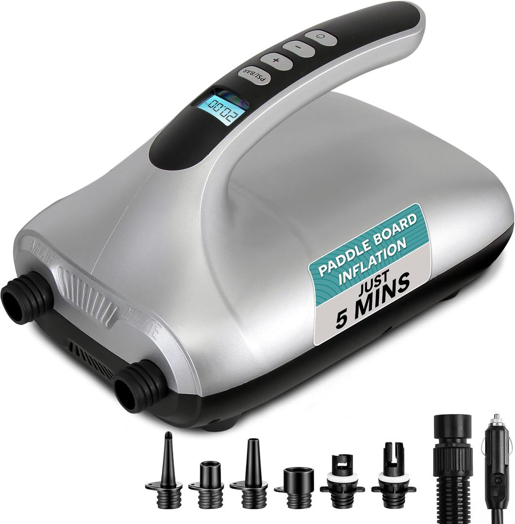 Paddle Board Pump Electric - Portable 20 PSI Dual-Stage Air Compressor for Super Fast Inflation and Deflation, Auto-Off, LCD Display and 12V Car Connector - for SUP, Boats & Inflatables