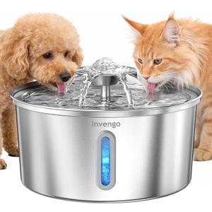 Invengo Cat Water Fountain Stainless Steel 3.2L/108oz, Automatic Pet Fountain for Cats & Dogs, Ultra Quiet <25 dB Pump, LED Water Level Window, Easy to Clean