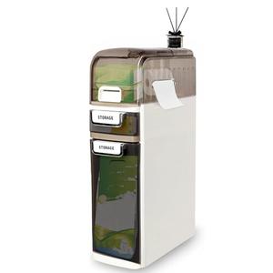 PULNDA 3-Tiers Slim Narrow Bathroom Storage Cabinet with Drawers, Waterproof Skinny Bathroom Storage Floor Cabinet with Tissue Box and Wheels for Small Spaces
