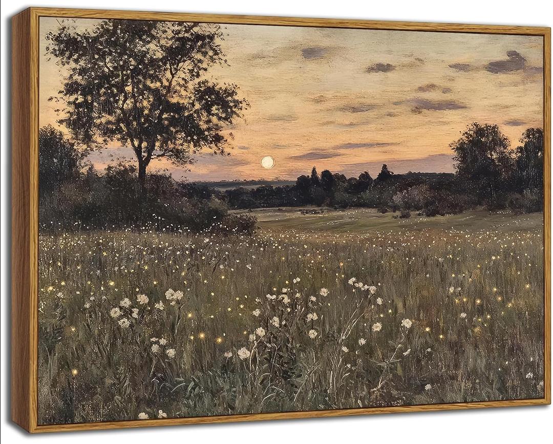 Framed Rustic Farmhouse Wildflowers Wall Art Vintage Wildflower Field Landscape Painting Retro Country Sunset Prints Wall Decor Classical Flower Landscape Painting for Living Room Bedroom 12x16 Inch