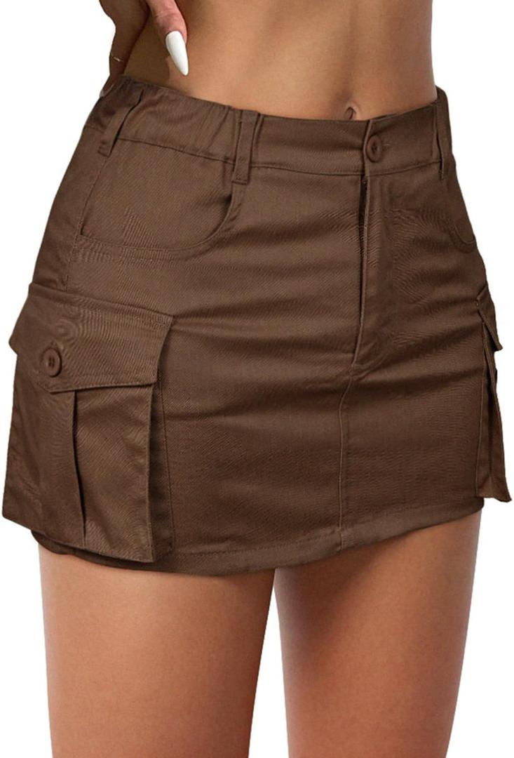 Womens Mini Cargo Skirts Y2k Denim Skirt with Pockets Low Waist Button Jean Skirts for Women (Small, Brown)