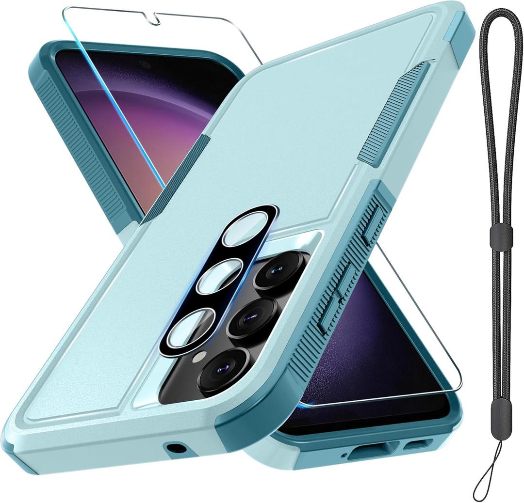 RMOCR Case for Samsung Galaxy A36/A56, Full Body Heavy Duty Rugged Shockproof Protective Phone Cover with Lanyard Strap, Tempered Glass Screen Protector and Camera Lens Cover, Mint Green