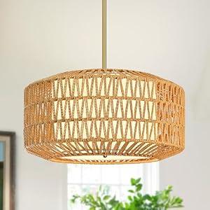 AyshwillDec 18 inch Natural 3 Light Rattan Light Fixture Woven Pendant Lights Rattan Farmhouse Chandeliers Fabric Shade Boho Chandelier for Dinning Room Kitchen