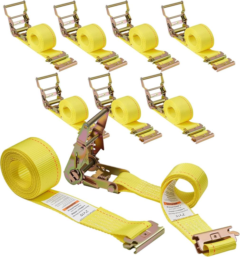 E-Track Ratchet Straps -8 Pack, 4,400 LB Breaking Strength, 2" x 12' Feet Heavy Duty ETrack Straps with 4 Feet Fixed End and Spring E-Fittings Yellow E Track Accessories Cargo Straps