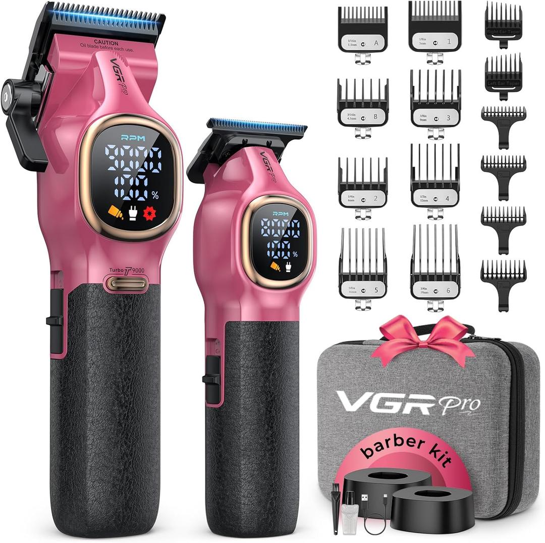 VGRPRO Professional Hair Clippers for Men, Professional Barber Clippers and Trimmer Set, Cordless Hair Clippers for Hair Cutting with Package Case, Powerful 9000 PRM Rechargable Electric (Pink)