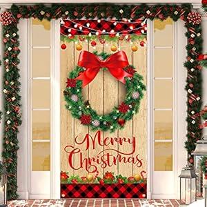 Merry Christmas Wood Grain Plaid Edge Wreath Banner for Farmhouse Door Decoration