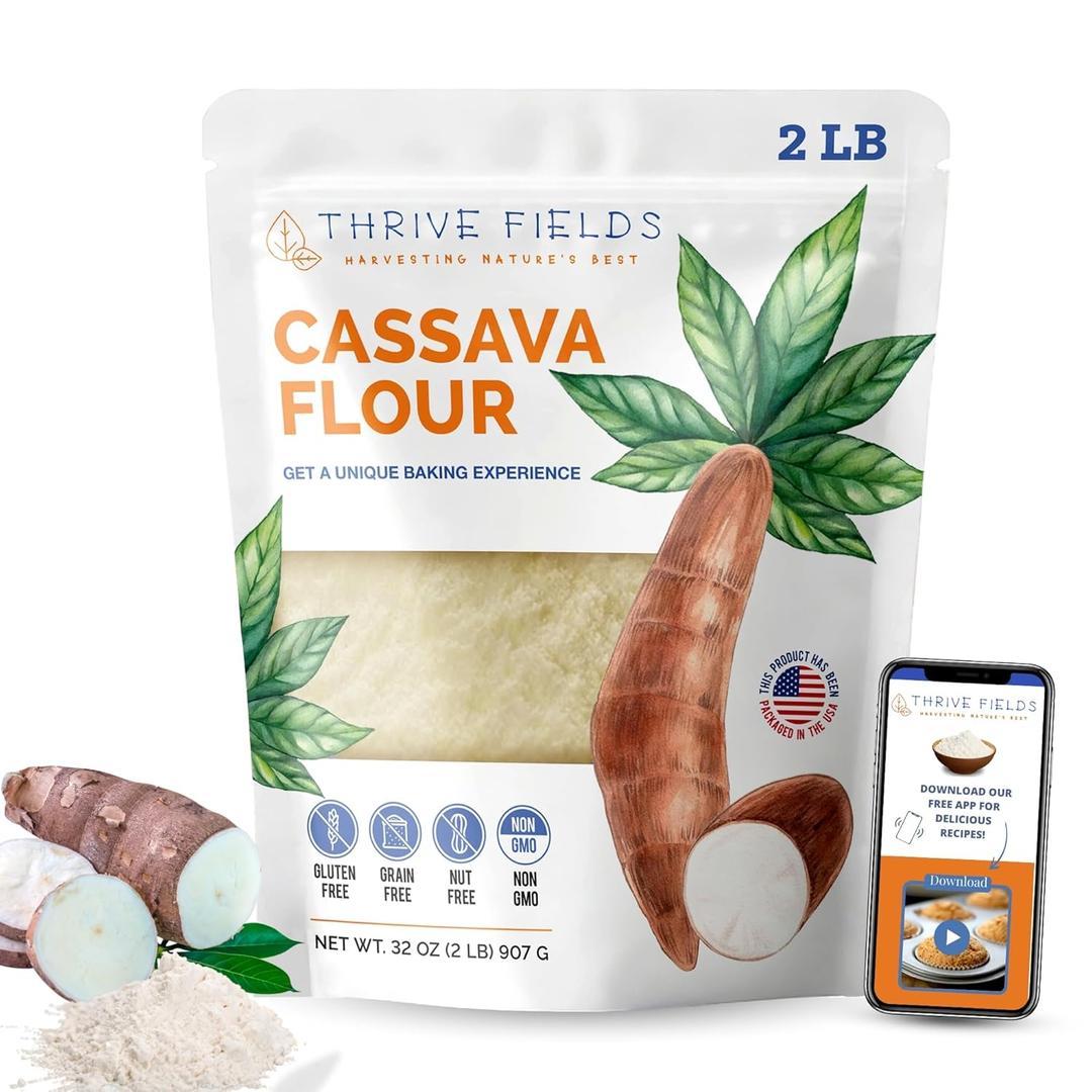 THRIVE FIELDS Cassava Flour - All-Purpose Yuca Root Flour for Baking - Grain and Nut Free, Non GMO - Great for Tortillas, Pancakes, Pasta, Cooking & More - 2 lb Bag (32 Ounce (Pack of 1))