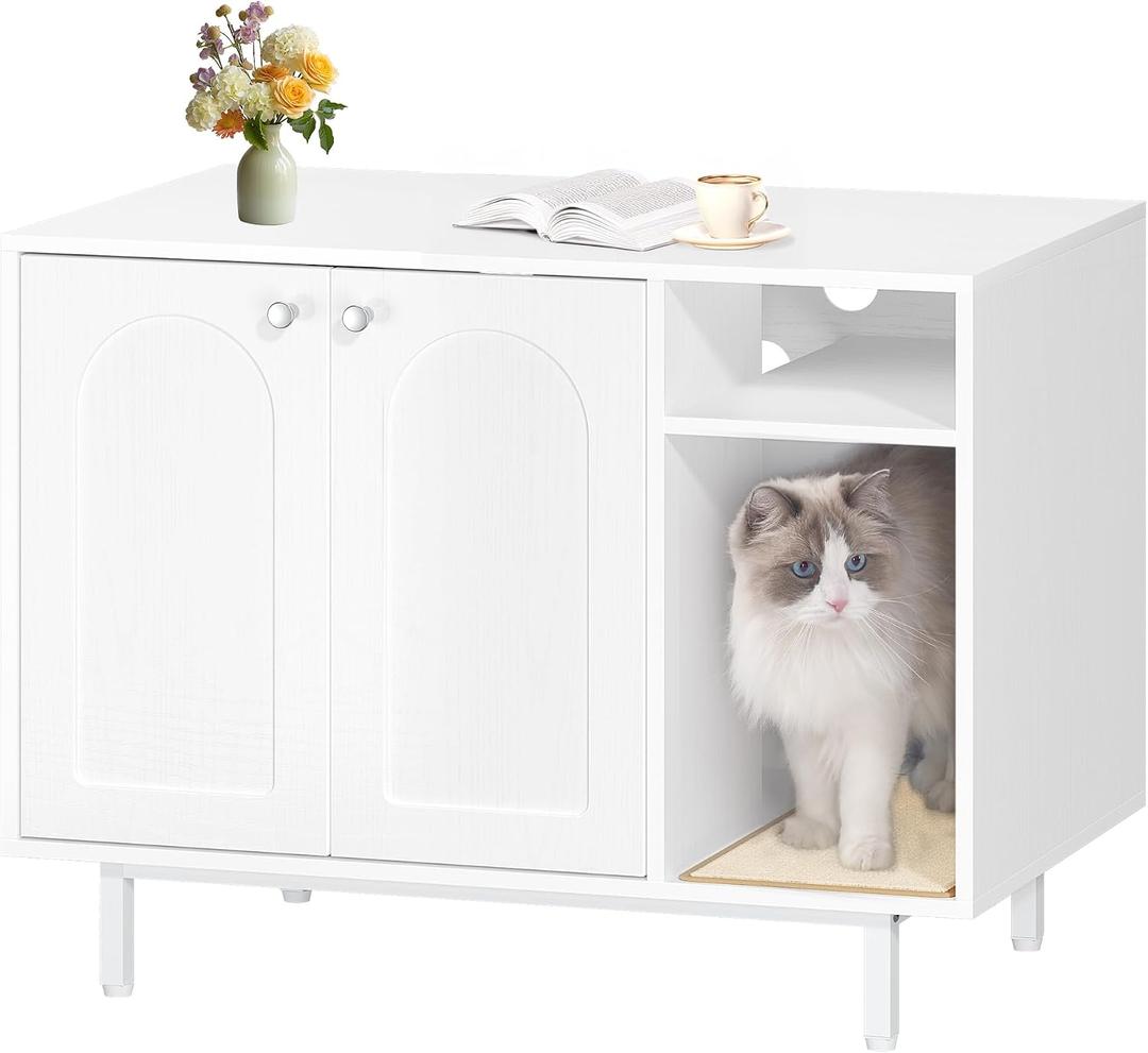 Hzuaneri Cat Litter Box Enclosure, Hidden Litter Box Furniture with Storage, Large Wooden Cabinet with Scratch Pad, Modern End Table for Living Room, Bedroom & Entryway, White CB01513W