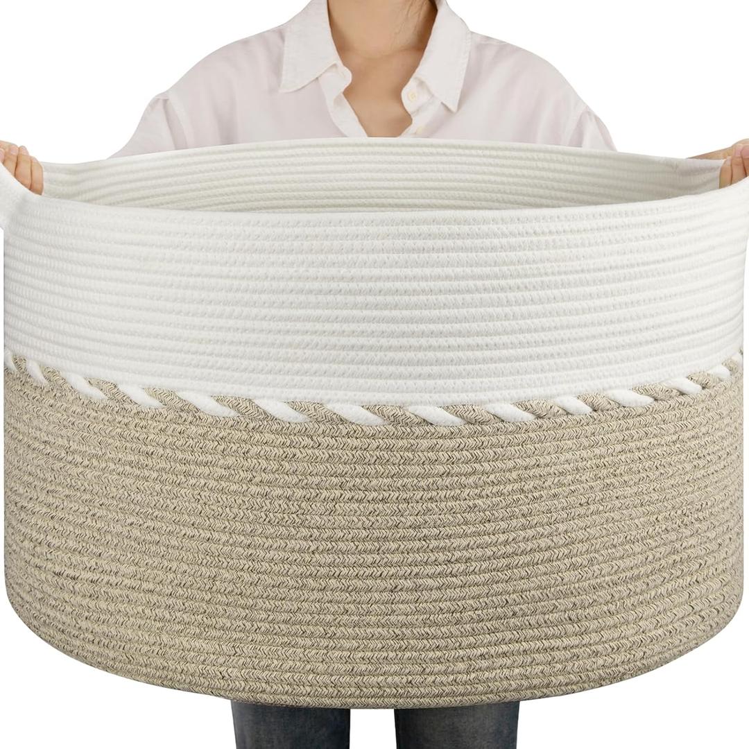 OIAHOMY 90L Blanket Basket for Living Room, Large Basket 23" x 23" x 13" with Handle, Laundry Hamper for Blankets, Pillows, Toy Storage for Kids, Dogs - Light Brown & White