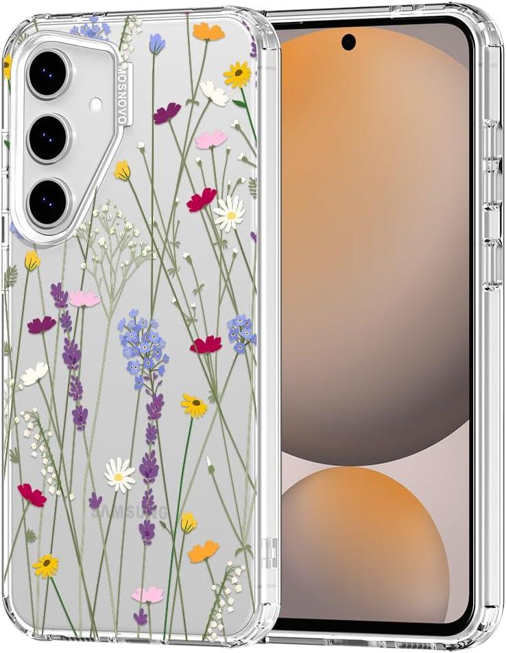 MOSNOVO Case for Samsung Galaxy S24 FE, [Buffertech 6.6ft Military-Grade Drop Protection] [Anti Peel Off Tech] Clear TPU Bumper Phone Case Cover Design - Floral Garden