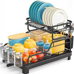 Dish Rack for Kitchen Counter, Large Capacity Dish Drying Racks with Drainboard, Kitchen 2 Tier Over Sink Dish Rack, Countertop Dish Drainer Rack with Removable Cup&Cutlery Holders, 15.7"x12.2"x11.6" (Black)