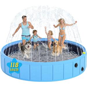 Foldable Dog Pool with Sprinkler, 118" Extra Large Non-Slip Dog Swimming Pool, 2-in-1 Outdoor Backyard Pet Bathing Tub with Drain Plug for Dogs Kids Pets Ducks