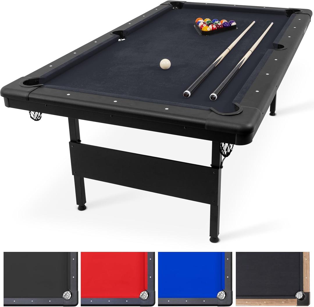 GoSports 6, 7, or 8 ft Billiards Tables - No Assembly, Choose Your Color - Portable Pool Table Includes Full Set of Balls, 2 Cue Sticks, Chalk and Felt Brush