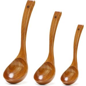 3 Pack Wooden Ladles for Serving Spoon Soup Ladle Wood Spoons for Cooking Ladel Large Bamboo Kitchen Tools Ladles Big Spaghetti Spoon Laddle Non Toxic Soup Spoons Teak deep Ladle