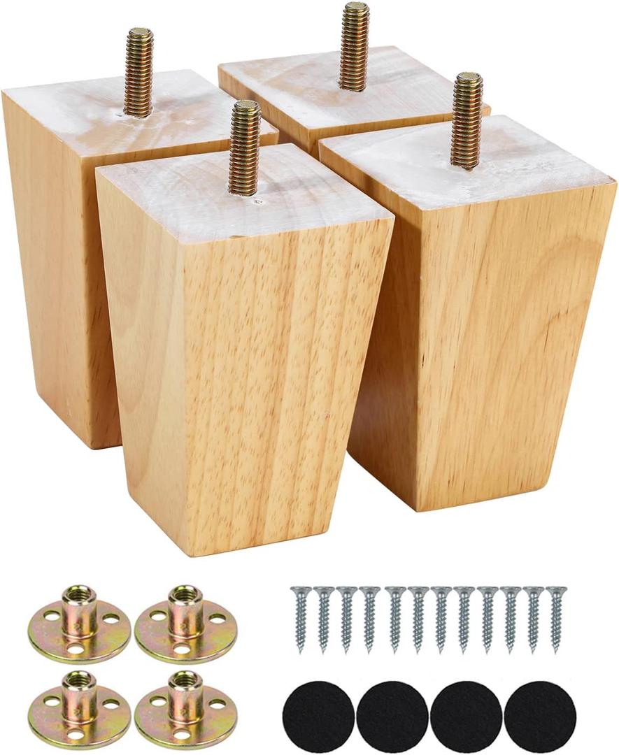 Maricome 4 Inch Sofa Legs Set of 4 Replacement Feet for Couch Wood Furniture Legs Pre-Installed M8 Bolt Screw in Heavy Duty Pyramid Square
