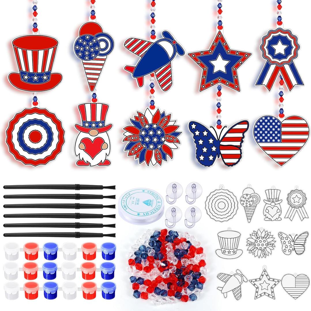 WinnerWhy 30 Sets 4th of July Crafts Bulk, Patriotic 250th Anniversary Stained Glass Sun Catcher Art Kits for Memorial Day Home Party Project Activities Hanging Ornaments