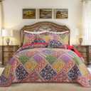 BEDIFANY Cotton King Quilt Set - Vintage Farmhouse Bedspread with Vibrant Floral Pattern, 3-Piece Lightweight Coverlet (98x106 Inch) + 2 Pillow Shams, All Seasons Multicolor Quilt Bedding Set