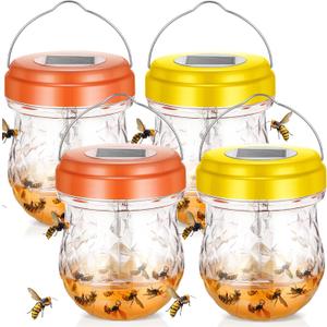 4 Pack Solar Wasp Traps Outdoor Hanging - Carpenter Bee Traps for Hornets Yellow Jackets Mud Daubers, Wasps Deterrent Trap with LED Light for Outside, Orchard, Garden, Patio, Courtyard, Farm