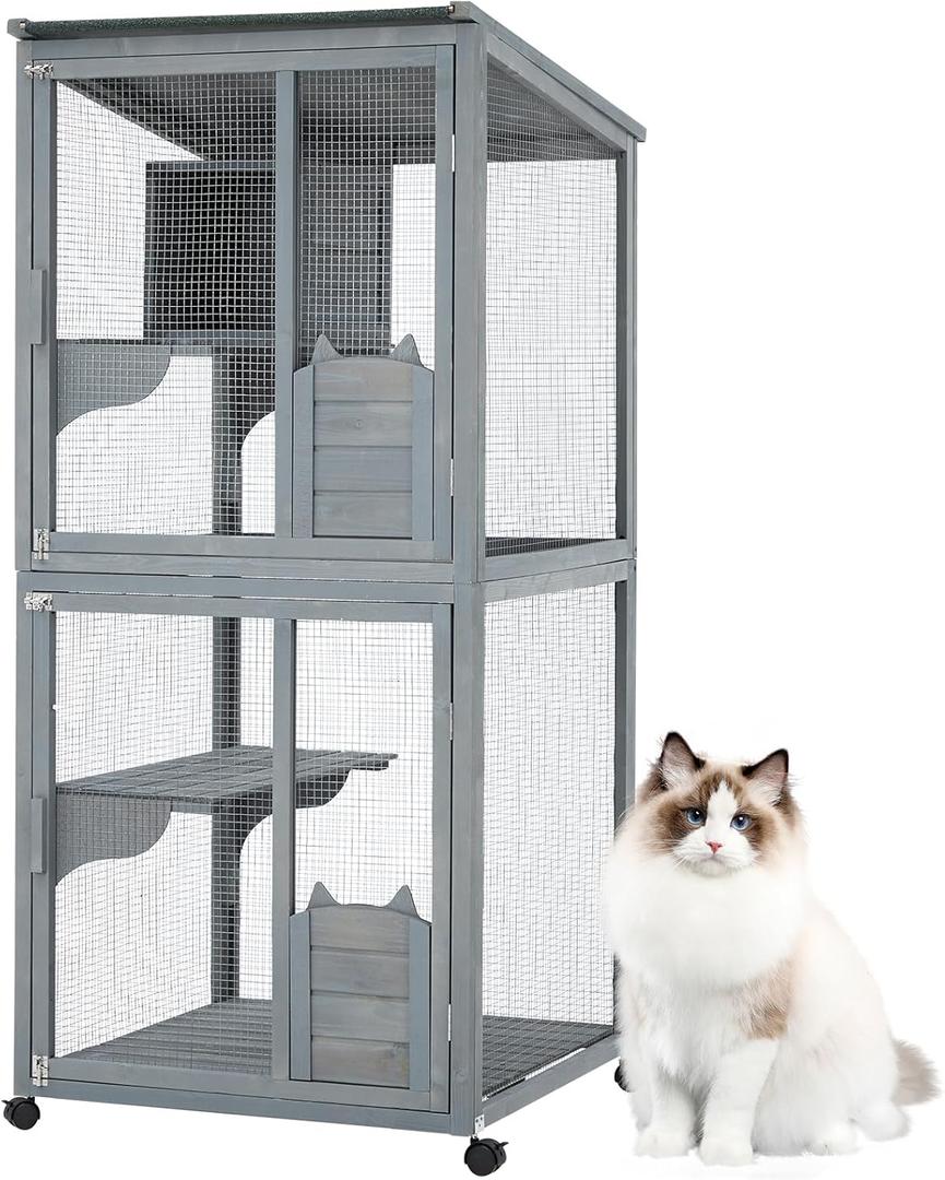 Garvee 4 Tier Cat Enclosure, 69 Inch Large Catio with Wooden Cabin, Weatherproof Roof, Lockable Caster, Solid Steel, Spacious for Multi-Cat Families, Outdoor and Indoor Use, Grey