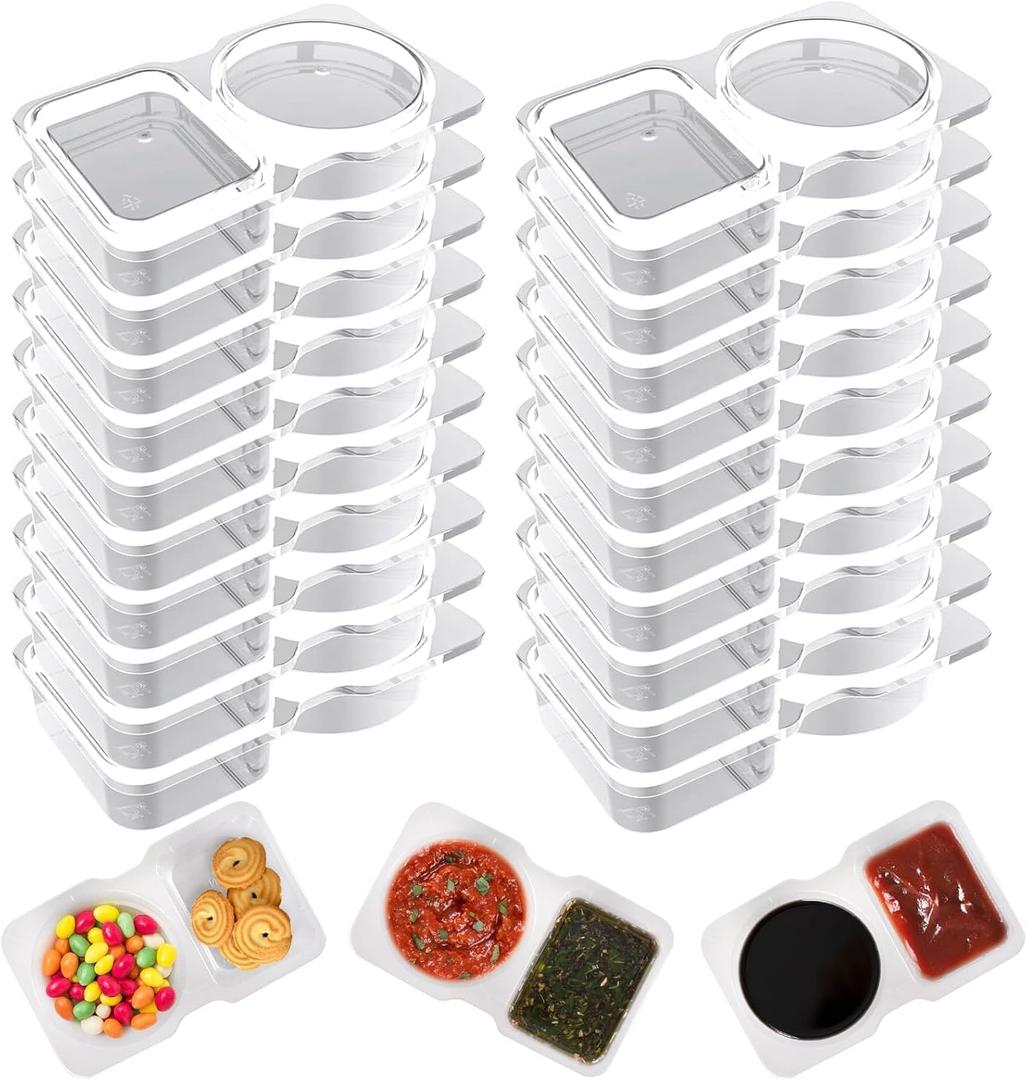 20-Pack Reusable 2-Compartment Snack and Sauce Containers, Portable Double Condiment Plastic Containers with Lids for Home, Lunch, Camping