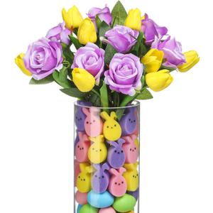 20 Artificial Tulip and Fake Rose with 60 Sponge Bunnies and Eggs Vase Filler Set, Spring Centerpiece Table Decor,Spring Home Indoor Decoration for Tables