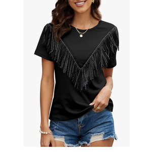 PESION Women's Fringe Trim Shirts Short Sleeve Tassel Trim Blouse T-Shirt Tops Size 3XL