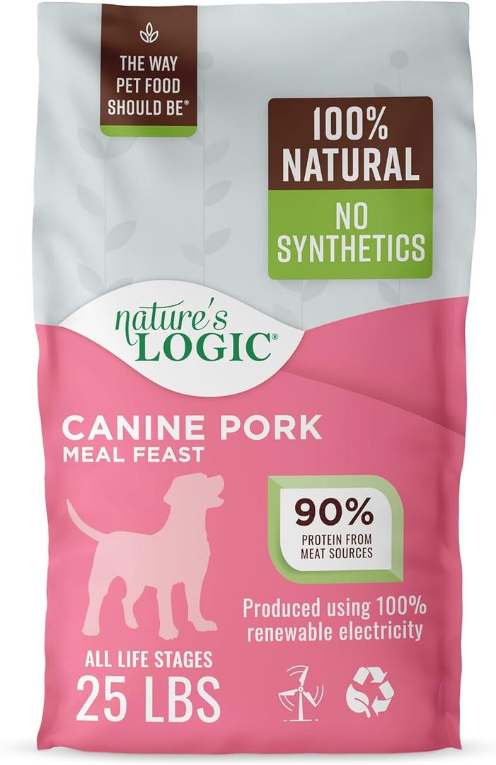 NATURE'S LOGIC Dry Dog Food - 100% Natural - No Synthetics - for All Ages, Sizes, Breeds - Free from Common Allergens, High Protein - Pork Meal Feast, 25lbs Best By: 12/24/2026
