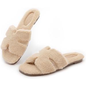 Athlefit Women's Fuzzy Slippers Cute Comfy Fluffy Open Toe Slip-on House Slide Slippers for Indoor Bedroom Bridesmaid (9, Khaki)
