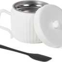 Bacon Grease Container with Strainer, Oil Keeper Can for Bacon with Silicone Spatula, Crackle Glaze Fat Container Keeper with Easy-Grip Handle (White)