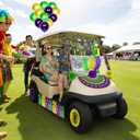 Mardi Party Float Decorations - 58 Pcs Banner Handheld Fan Flags Balloon Fringe Garland Crepe Paper Fans Pompoms Hanging Swirls Strips Feather Decor Set Carnival Supplies for Golf Cart