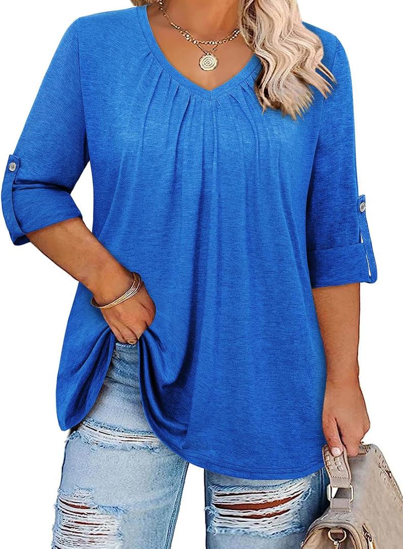 Amrto Plus Size Tops for Women 3/4 Sleeve Casual V Neck Pleated Shirts Loose Fit Tunic Blouse(XL-5XL) (Blue)