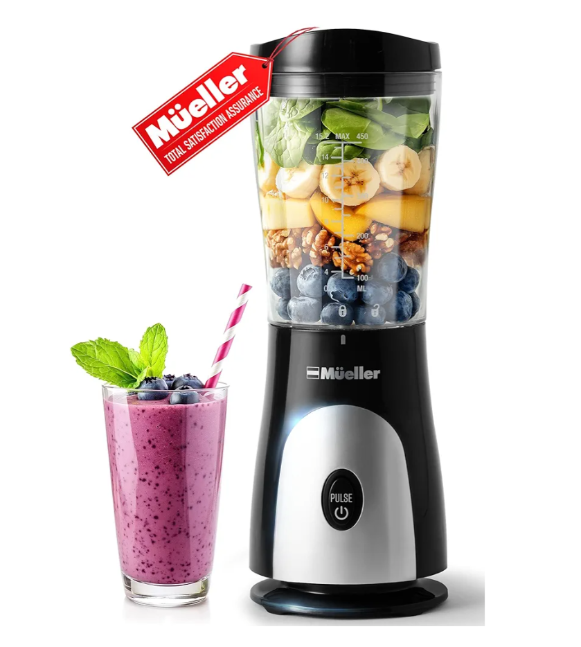 Mueller Smoothie Blender for Smoothies - Personal Blender for Shakes, Frozen Drinks, Baby Food & More, 15oz Travel Cup and Lid, Durable Stainless Steel Blades for Powerful Blending Performance, Black