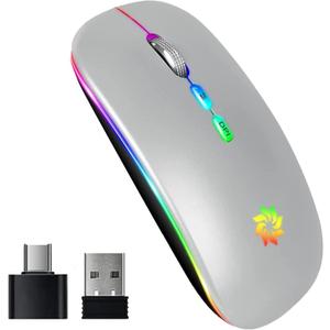 KBCASE Wireless Mouse, LED Wireless Mouse for Laptop, Slim Silent Mouse 2.4G Rechargeable Wireless Computer Mouse for Laptop, MacBook, iPad, Chromebook, with USB & Type-c Receiver
