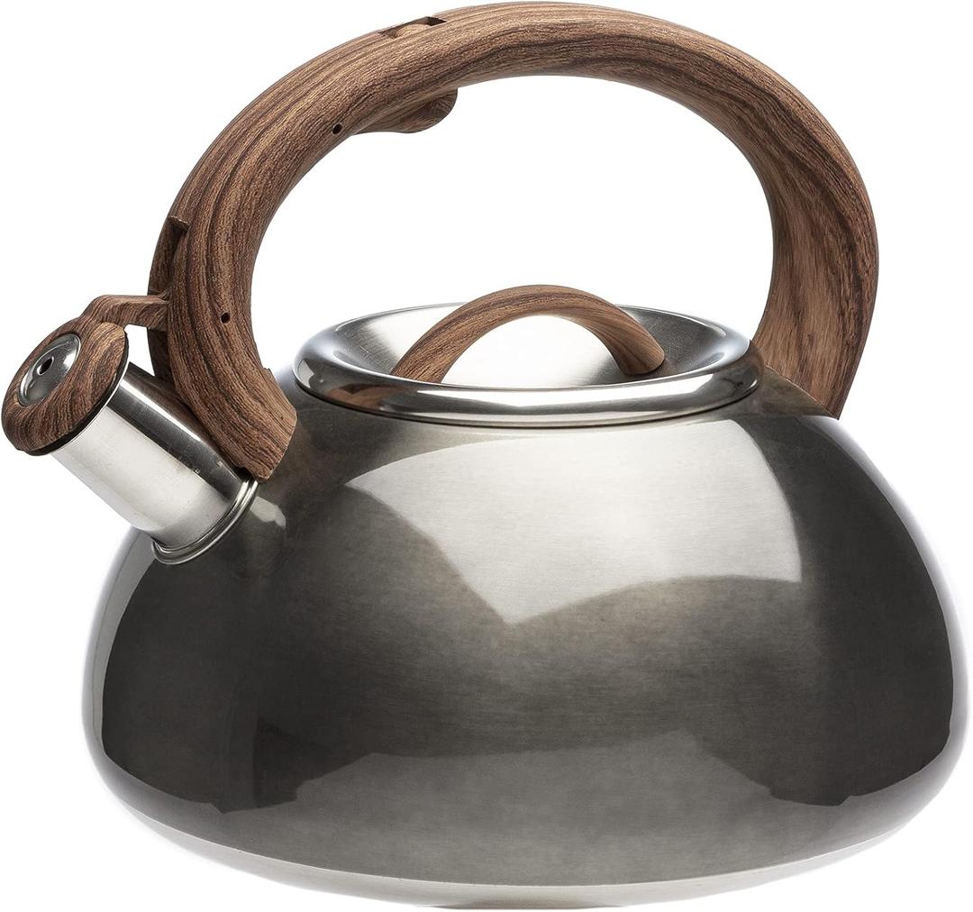 Primula Avalon Whistling Stovetop Tea Kettle, Food Grade Stainless Steel Wide Mouth, Fast to Boil, Cool Touch Handle, 2.5-Quart, Gunmetal Grey and Wood-Look