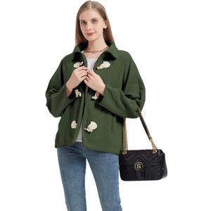 Women's Soft Polar Fleece Jacket Lightweight Long Sleeve Horn Button Warm Shacket Coat Comfortable Outerwear (Green, L)