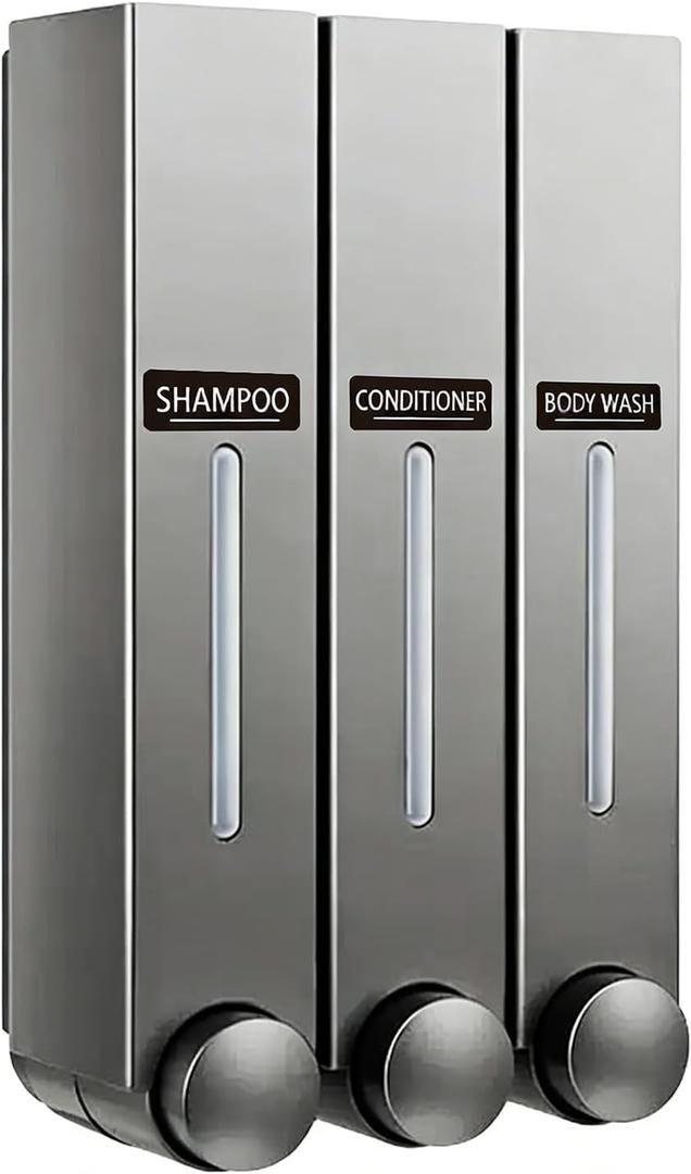 3 Chamber No Drill Shower Shampoo Dispenser, Wall Mounted for Bathroom, 42.6 oz Large Capacity for Shampoo, Conditioner, Body Wash