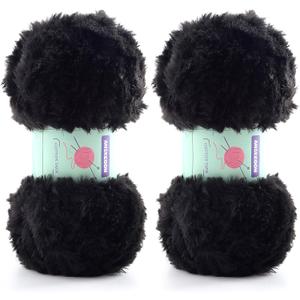 2 Skeins Soft Chunky Fluffy Fuzzy Faux Fur Yarn for Crocheting - Eyelash Furry Yarn for Knitting Blankets, Scarves and Sweaters, 3.5 Oz/75 Yards Per Roll(Black)