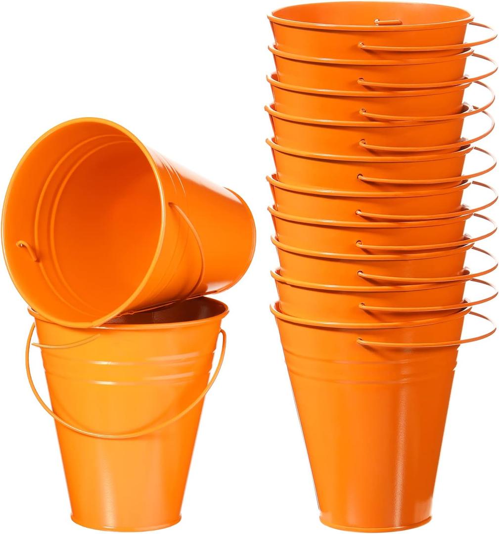 Ripeng 12 Pack Galvanized Buckets, Metal Bucket with Handle, 5 Inch, Tin, Mini Round Flower Pot Plant Basket, Party Supplies for Candy Bars Vase Crafts Favor(Orange)