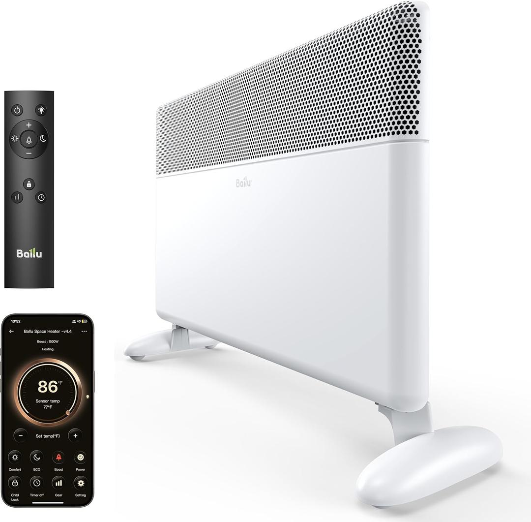 Ballu Convection Panel Space Heater for Large Room,1500W Electric Heater with Programmable Thermostat,WiFi App Control,Standing or Wall Mount,Smart Quiet Heater for Indoor Use,Works with Alexa,White