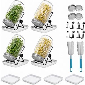 4 Pack Wide Mouth Sprouting Jar Kit, Lids, Stands, Trays & Cleaning Brushes
