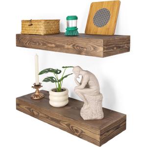 Floating Shelves 3 inch Thick for Wall Set of 2,Solid Pine Wood Wall Mount Shelf for Kitchen Living Room Bedroom Bathroom,8" D x 24" L x 3" H-Distressed Black Walnut