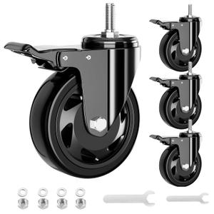 Stem Caster Wheels 3 Inch, Threaded Stem Casters Heavy Duty Casters Set of 4, Swivel Casters with Stem UNC 3/8"-16 x 1 Industrial Castors with Safety Dual Locking Wheel for Furniture and Cart