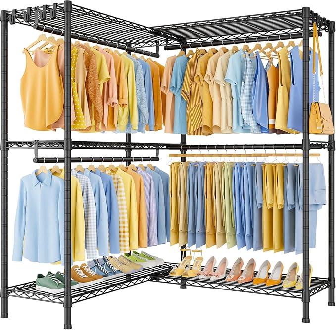 E15 Plus Garment Rack L Shaped Clothes Rack for Corner，Freestanding Clothing Racks for Hanging Clothes，Heavy Duty Closet System with 4 Hanging Rods & 8 S Hooks，48.5" W x 35" D x 78.4" H，Black