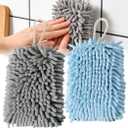 Microfiber Chenille Hand Towel, Soft Hanging Absorbent Quick Dry Towels 2Pcs Kitchen, Bathroom Hand Drying Cleaning with Creative Decoration Towel Set. (Grey+Blue)