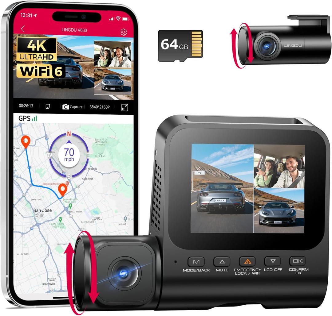 3 Channel 4K Dash Cam, Dash Camera for Cars, 4K+1080P+1080P Front Inside and Rear Triple Car Camera, Built-in WiFi 6 GPS, 24H Parking Mode, WDR Night Vision, Free 64GB Card V630 Dash Cam