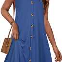 JOELLYUS Summer Dresses for Women Spaghetti Strap Button Down Casual Sundress Beach Cover Up Dress with Pockets 2026 (Blue, XXL)