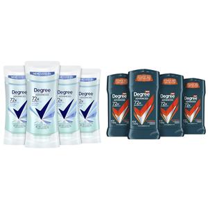 Degree Women's Antiperspirant Deodorant 4 Pack 72-Hour Sweat & Odor Protection with MotionSense and Degree Men's Antiperspirant Deodorant Adventure Freshness 4 Pack