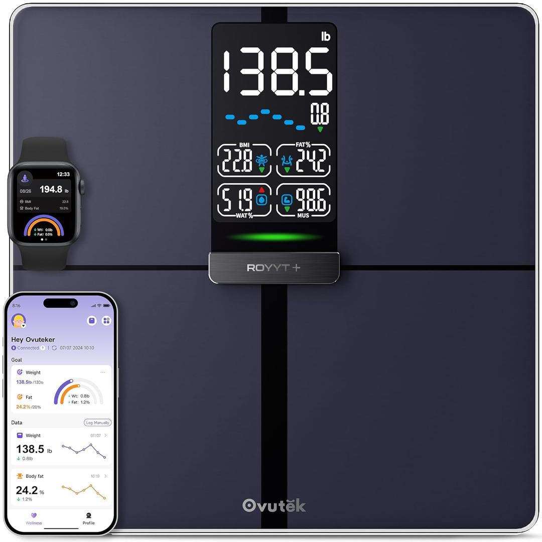 Ovutek Professional Smart Scale for Body Weight, BMI, Body Fat, Muscle Mass, Highly Accurate Body Composition Weighing Machine, Bathroom Digital Scale Large Display Sync with Fitness App, 450lb, Blue Black, 11.8*11.8in 